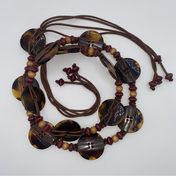 Boho Tortoise & Wood Bead Corded Tie Belt 39” at smallest, unbranded - Picture 2 of 7